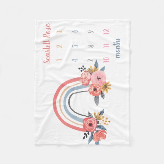 Persoonlijke babymeisje Milestone Floral Rainbow Fleece Deken (Voorkant)