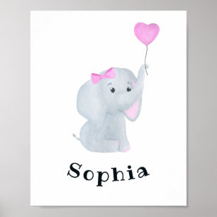 Persoonlijke babymeisjes Elephant Nursery Wall Art Poster
