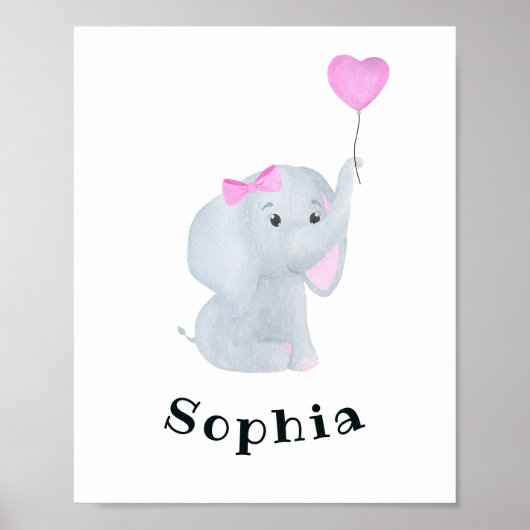 Persoonlijke babymeisjes Elephant Nursery Wall Art Poster (Voorkant)