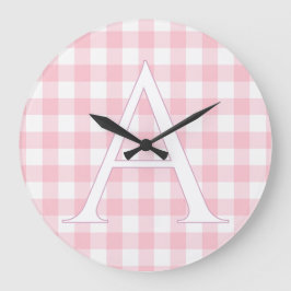 Persoonlijke babyroze gingham monogram grote klok