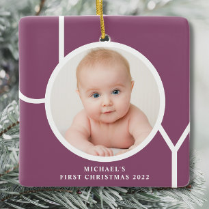 Persoonlijke Baby's Eerste Kerst Foto Paars Keramisch Ornament