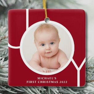 Persoonlijke Baby's Eerste Kerst Foto Rood Keramisch Ornament