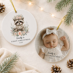 Persoonlijke Baby's Eerste Kerst Foto Wasbeer Keramisch Ornament