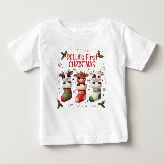 Persoonlijke Baby's Eerste Koe Kerstmis T-shirt (Voorkant)