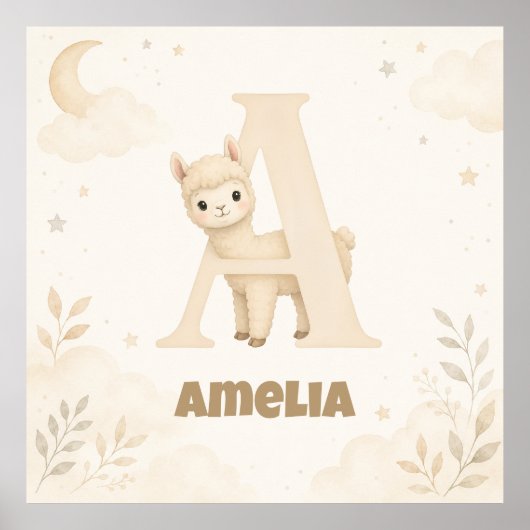 Persoonlijke babyspeennaam alpaca letter A Poster (Voorkant)
