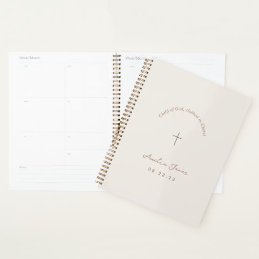 Persoonlijke baptisme-cadeaubon voor kruisbeige pl planner (Display)