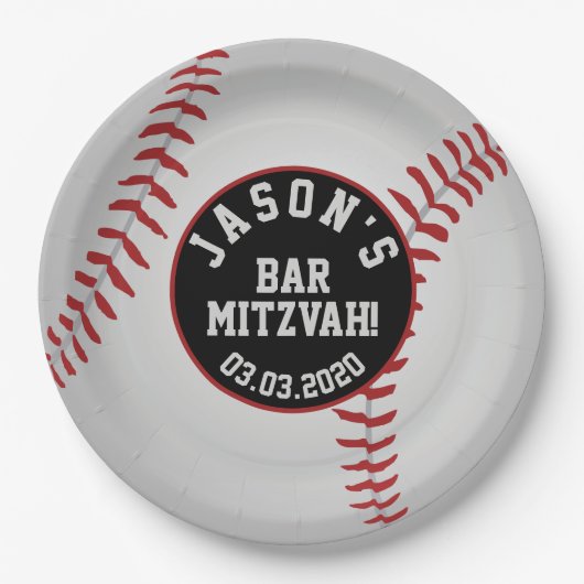 Persoonlijke Baseball Bar Mitzvah Red Black White Papieren Bordje (Voorkant)