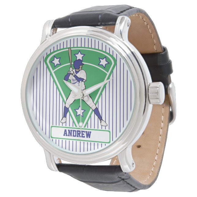 Persoonlijke Baseball Batter Star Blue Horloge (Gekanteld)