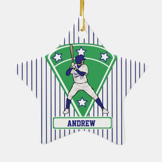 Persoonlijke Baseball Batter Star Blue Keramisch Ornament (Achterkant)