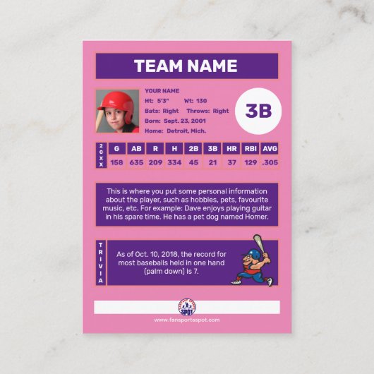 Persoonlijke Baseball Card (Gepersonaliseerd batte Visitekaartje (Achterkant)