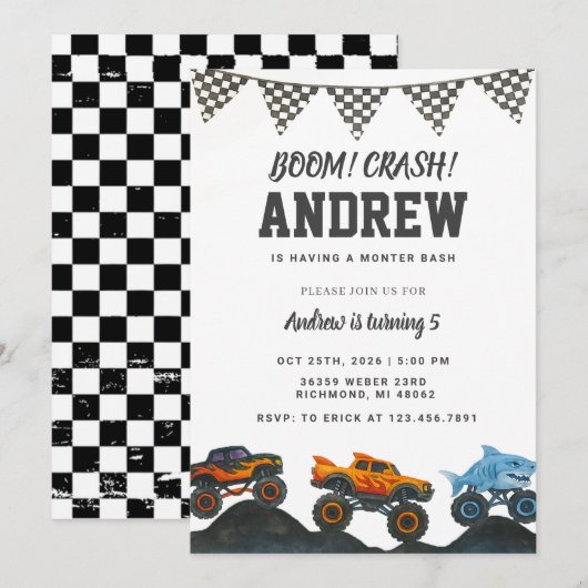 Persoonlijke Bash Monster Truck Verjaardagsfeest Kaart (Voorkant / Achterkant)