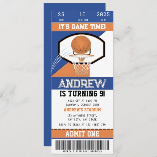 Persoonlijke Basketbal Courtside Verjaardag Ticket Kaart (Voorkant / Achterkant)