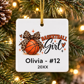 Persoonlijke Basketbal Meisje Luipaard Strik Kerst Keramisch Ornament