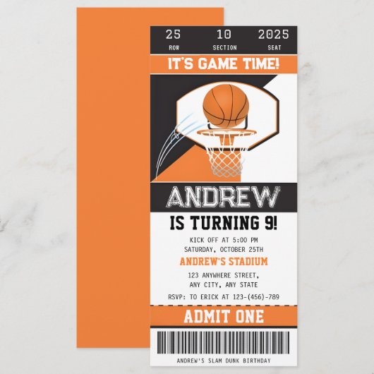 Persoonlijke Basketbal Ticket Uitnodiging (Voorkant / Achterkant)