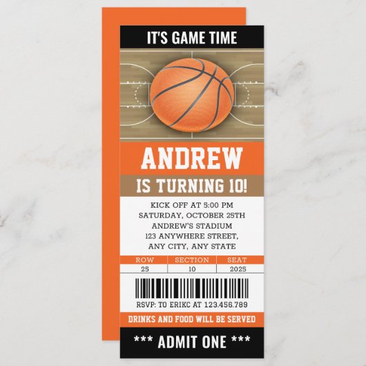 Persoonlijke Basketbal Ticket Uitnodiging Verjaard (Voorkant / Achterkant)