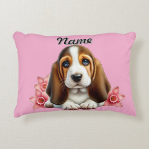 Persoonlijke Basset Hound Puppy Met Bloemen Accent Kussen