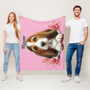 Persoonlijke Basset Hound Puppy Met Bloemen Fleece Deken