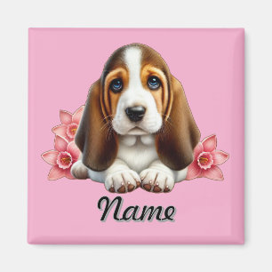 Persoonlijke Basset Hound Puppy Met Bloemen Magneet