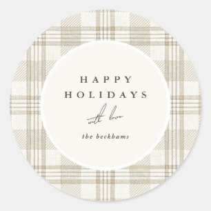 Persoonlijke Beige Kerst Plaid Familie Ronde Sticker