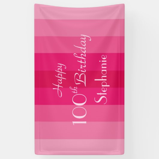 Persoonlijke benaming 100e verjaardag Roze stripes Spandoek (Verticaal)