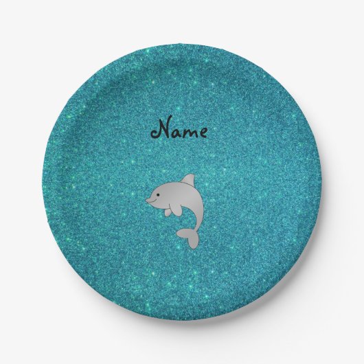 Persoonlijke benaming dolphin turquoise glitter papieren bordje (Voorkant)