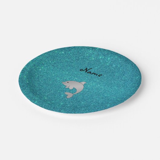 Persoonlijke benaming dolphin turquoise glitter papieren bordje (Gekanteld)