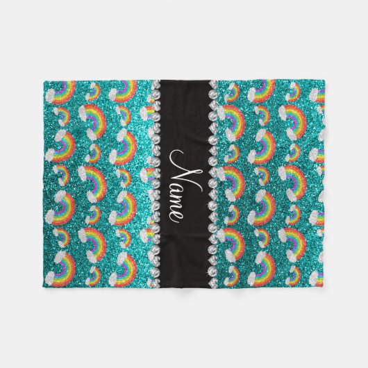 Persoonlijke benaming heldere aqua glitter rainbow fleece deken (Voorkant (Horizontaal))