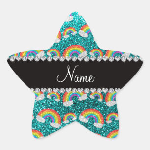 Persoonlijke benaming heldere aqua glitter rainbow ster sticker