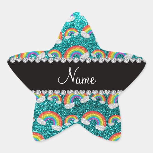 Persoonlijke benaming heldere aqua glitter rainbow ster sticker (Voorkant)