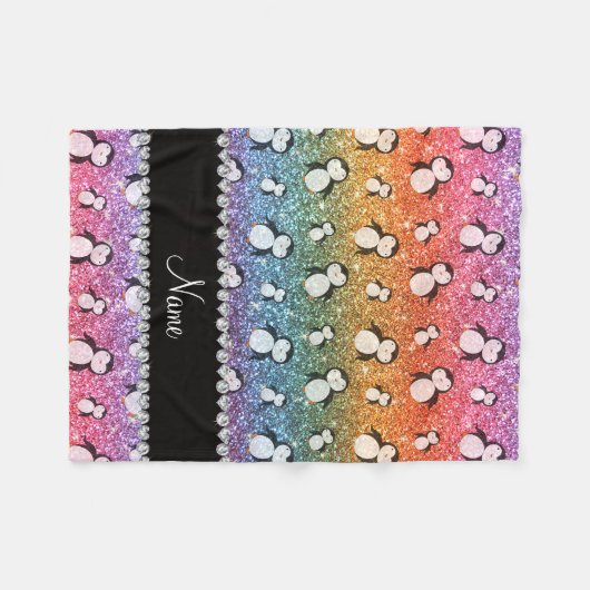 Persoonlijke benaming heldere regenbooglitterpingu fleece deken (Voorkant (Horizontaal))