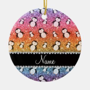 Persoonlijke benaming heldere regenbooglitterpingu keramisch ornament