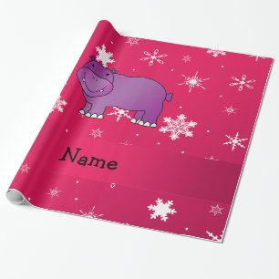 Persoonlijke benaming hippo roze sneeuwvlokken cadeaupapier