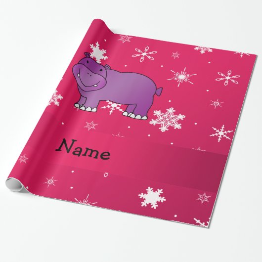 Persoonlijke benaming hippo roze sneeuwvlokken cadeaupapier (Uitgerold)