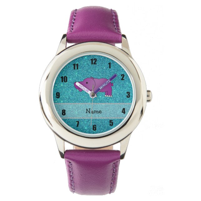 Persoonlijke benaming hippo turquoise glitter horloge (Voorkant)