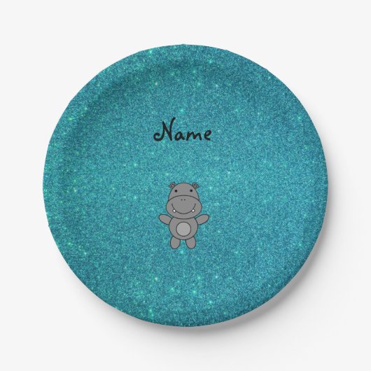 Persoonlijke benaming hippo turquoise glitter papieren bordje (Voorkant)