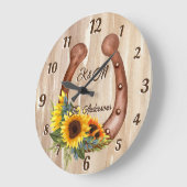Persoonlijke benaming hoefijzer met zonnebloemen grote klok (Hoek)