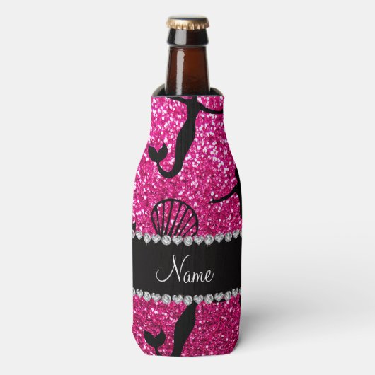 Persoonlijke benaming neon hot roze glitter mermai flesjeskoeler (Fles Voorkant)