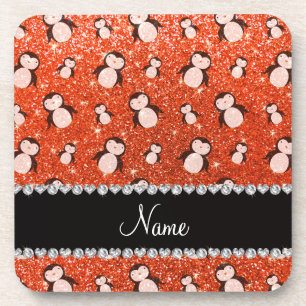 Persoonlijke benaming neon oranje glitter pinguins drankjes onderzetter
