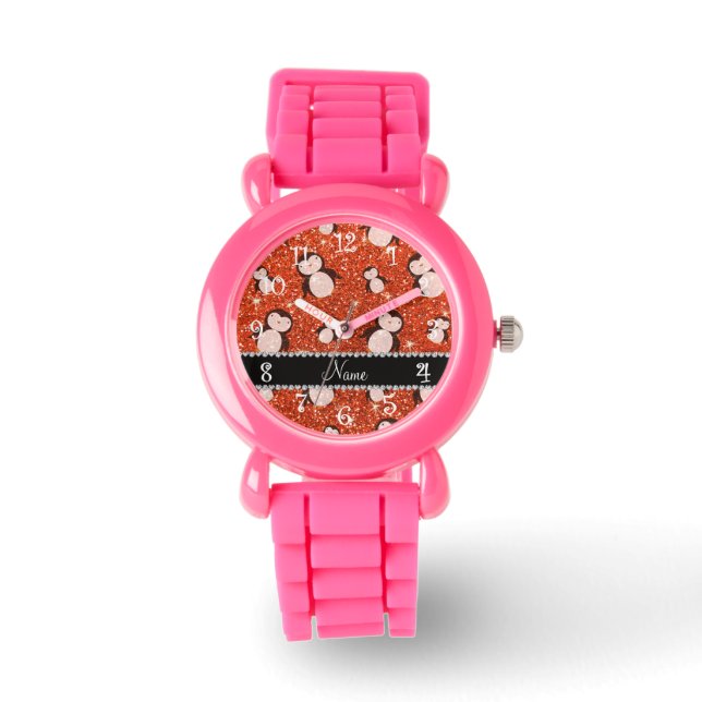 Persoonlijke benaming neon oranje glitter pinguins horloge (Voorkant)