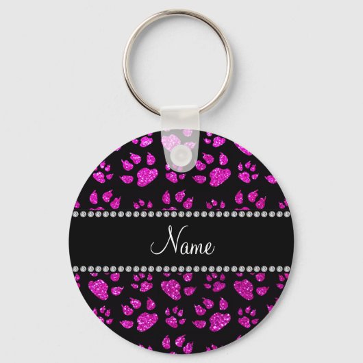 Persoonlijke benaming neon roze glitter kattenpote sleutelhanger (Voorkant)
