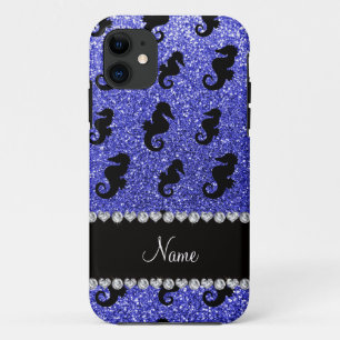 Persoonlijke benaming neonblauw glitter seapaarden iPhone 11 hoesje