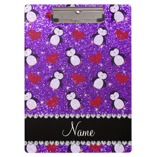 Persoonlijke benaming paarse glitter pinguins hart klembord (Voorkant)
