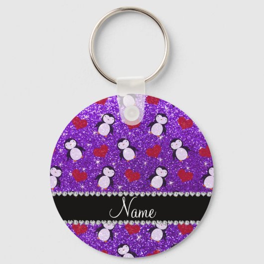 Persoonlijke benaming paarse glitter pinguins hart sleutelhanger (Voorkant)