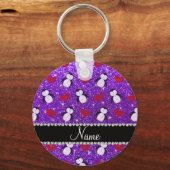 Persoonlijke benaming paarse glitter pinguins hart sleutelhanger (Voorkant)