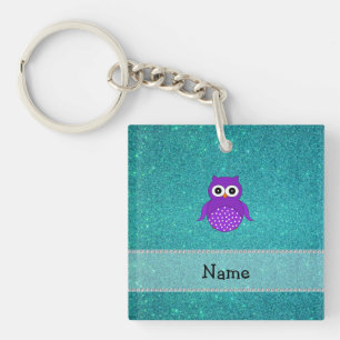 Persoonlijke benaming paarse owl turquoise glitter sleutelhanger