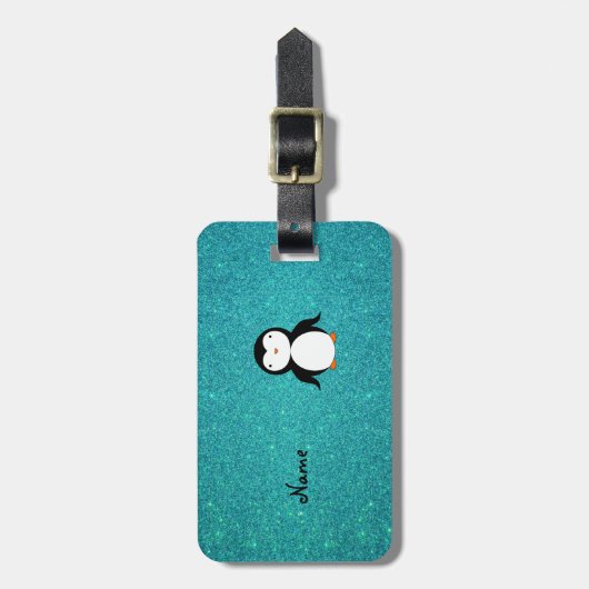 Persoonlijke benaming penguin turquoise glitter bagagelabel (Voorkant verticaal)