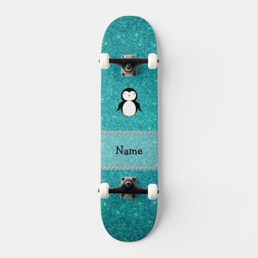 Persoonlijke benaming penguin turquoise glitter persoonlijk skateboard (Voorkant)