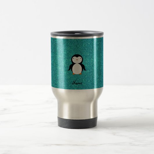 Persoonlijke benaming penguin turquoise glitter reisbeker (Center)
