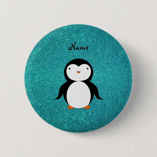 Persoonlijke benaming penguin turquoise glitter ronde button 5,7 cm (Voorkant)