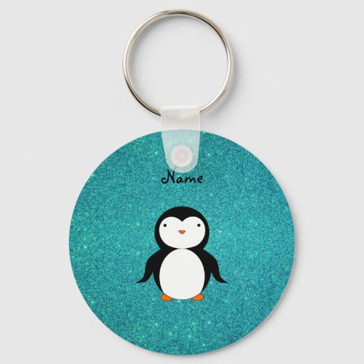 Persoonlijke benaming penguin turquoise glitter sleutelhanger (Voorkant)